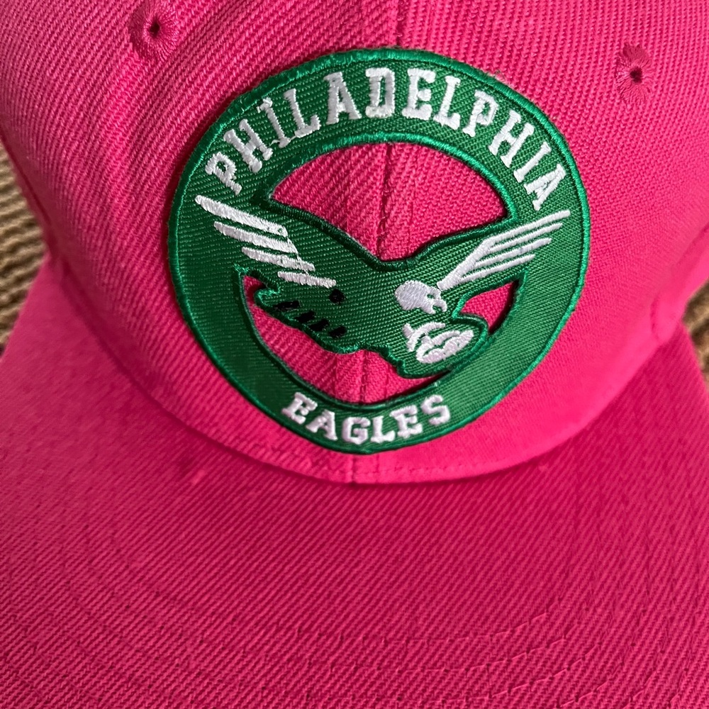Retro Iconic Philadelphia Eagles Logo Pink Flat Bill SnapBack Cap.